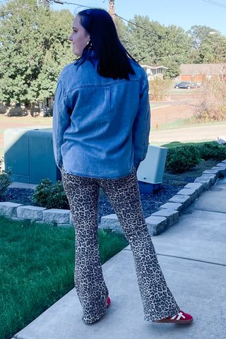 Cello Jeans Mid Rise Leopard Print Flare Denim AM39807LPD
