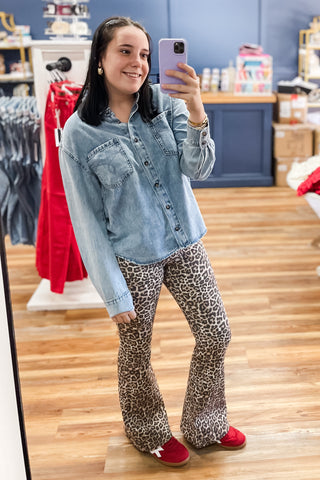 Cello Jeans Mid Rise Leopard Print Flare Denim AM39807LPD