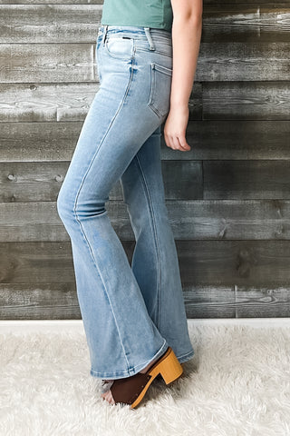 cello high rise super flare petite jeans light wash denim AB38291LT-30