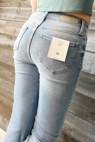 cello high rise super flare petite jeans light wash denim AB38291LT-30