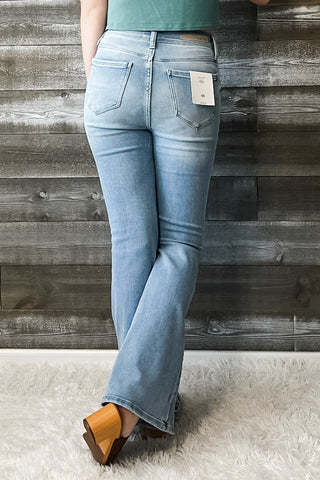 cello high rise super flare petite jeans light wash denim AB38291LT-30