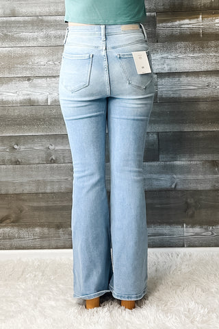 cello high rise super flare petite jeans light wash denim AB38291LT-30