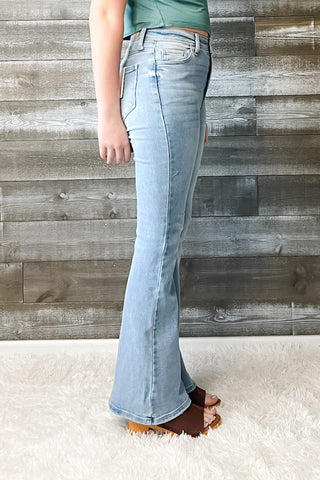 cello high rise super flare petite jeans light wash denim AB38291LT-30