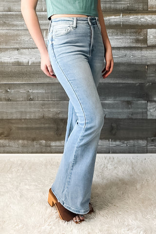 cello high rise super flare petite jeans light wash denim AB38291LT-30