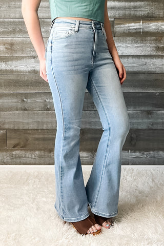 cello high rise super flare petite jeans light wash denim AB38291LT-30