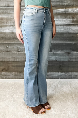 cello high rise super flare petite jeans light wash denim AB38291LT-30