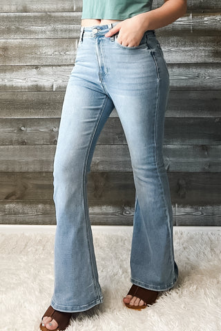 cello high rise super flare petite jeans light wash denim AB38291LT-30