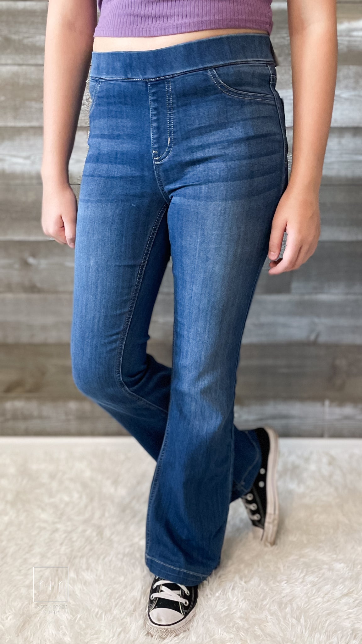  Womens Flared Leg Jean Pull On Elastic Stretch Bootcut Slim Flare  Denim Pants Medium Wash Blue Size S
