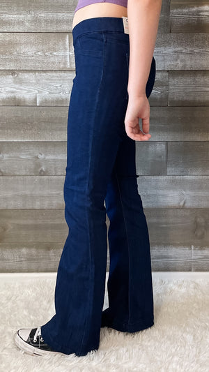 cello jeans dark trouser wash pull on petite flare jeans in a jegging style AB34432DK
