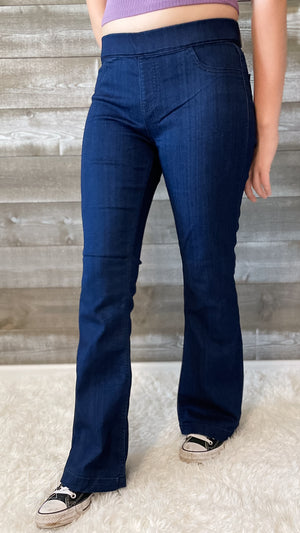 cello jeans dark trouser wash pull on petite flare jeans in a jegging style AB34432DK