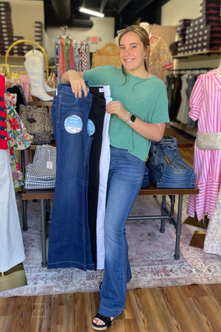 cello pull on flares with elastic waist is available in a variety of colors, lengths and sizes