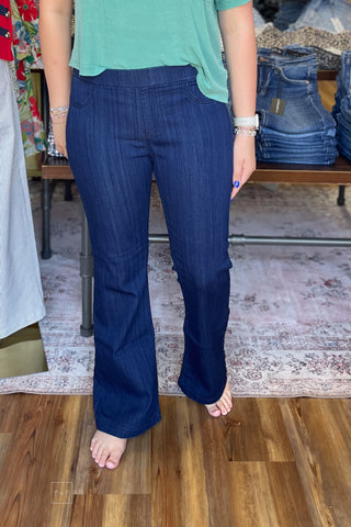 cello pull on flares with elastic waist in trouser style short length front view