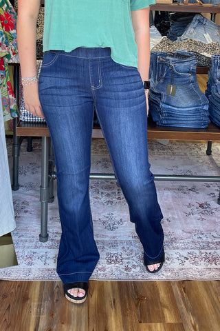 cello pull on flares with elastic waist in dark wash long length front view