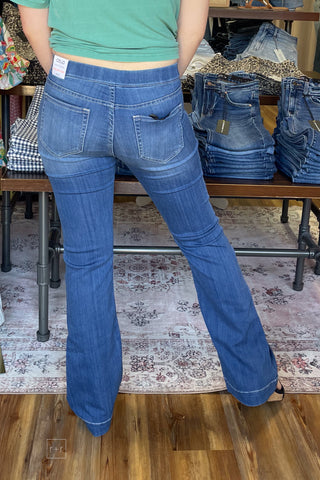 cello pull on flares with elastic waist in medium wash long length back view