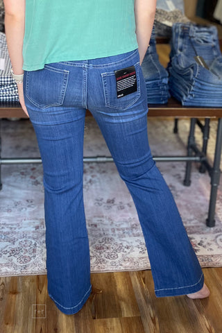 cello pull on flares with elastic waist in medium wash short length back view
