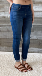 cello jeans pull on skinny crop mid rise jeans with rolled hem in medium wash AB76535M