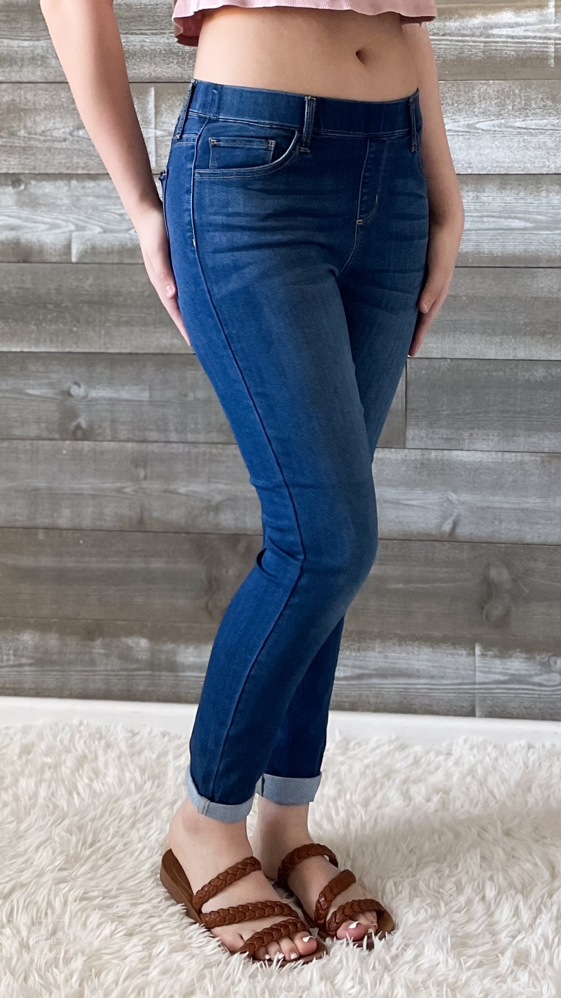 cello jeans pull on skinny crop mid rise jeans with rolled hem in medium wash AB76535M