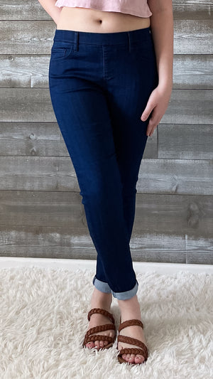 cello jeans pull on skinny crop mid rise jeans with rolled hem in dark denim AB76535R