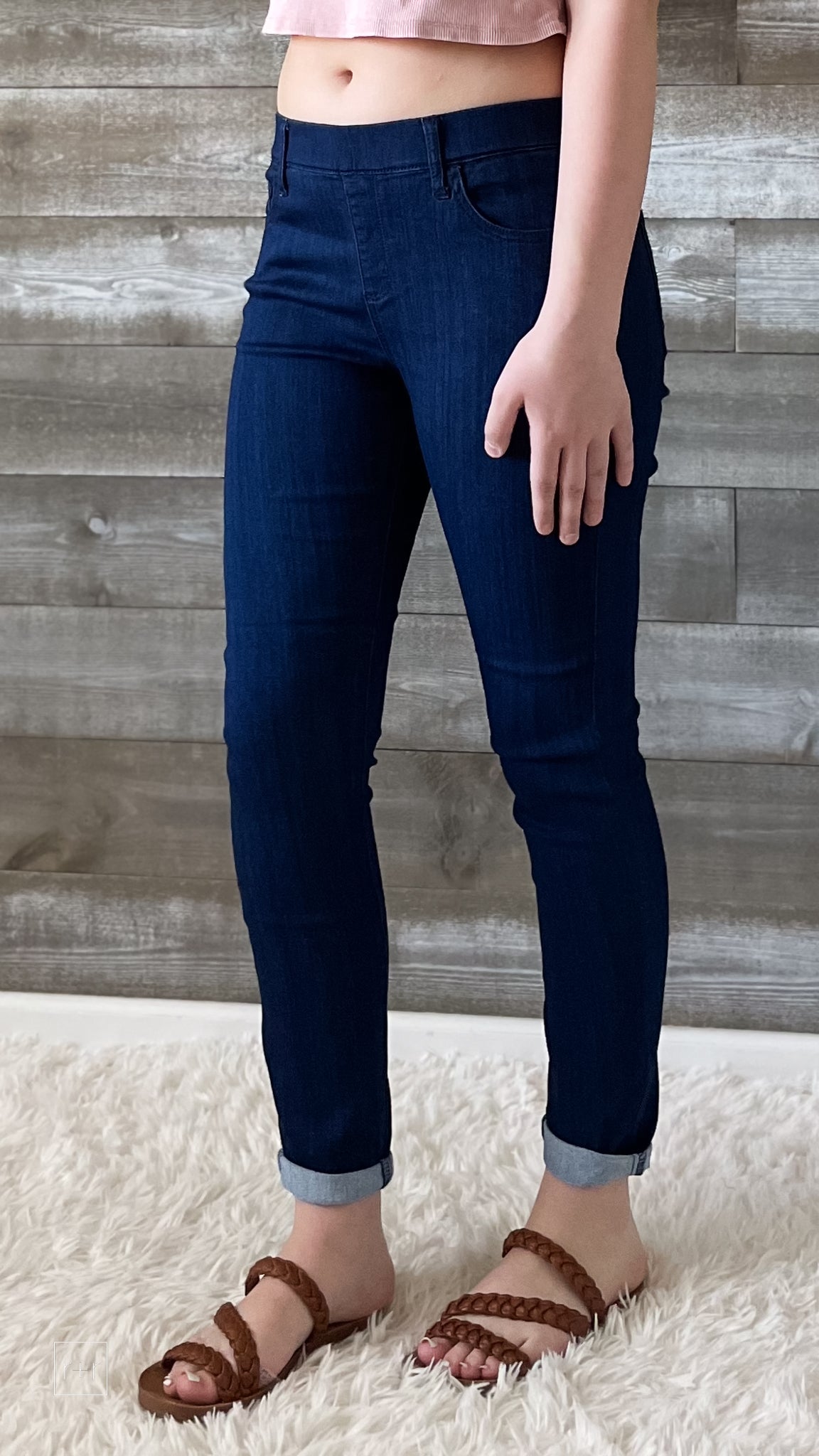 cello jeans pull on skinny crop mid rise jeans with rolled hem in dark denim AB76535R
