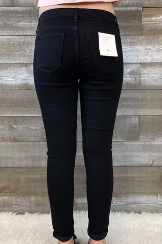 cello jeans pull on skinny crop mid rise jeans with rolled hem in black AB76535BLK