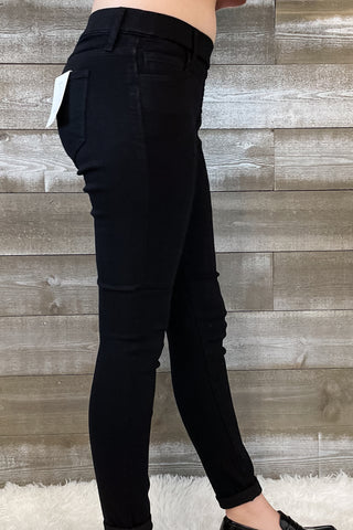 cello jeans pull on skinny crop mid rise jeans with rolled hem in black AB76535BLK