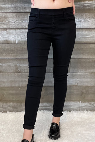 cello jeans pull on skinny crop mid rise jeans with rolled hem in black AB76535BLK