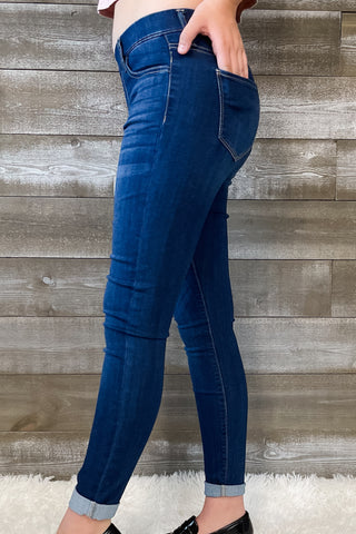 cello jeans pull on skinny crop mid rise jeans with rolled hem in dark wash AB76535DK