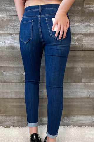 cello jeans pull on skinny crop mid rise jeans with rolled hem in dark wash AB76535DK