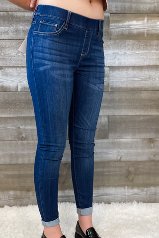 cello jeans pull on skinny crop mid rise jeans with rolled hem in dark wash AB76535DK