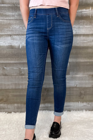 cello jeans pull on skinny crop mid rise jeans with rolled hem in dark wash AB76535DK