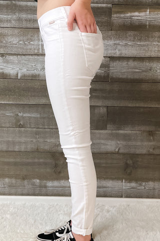 cello jeans pull on skinny crop mid rise jeans with rolled hem in white AB76674WHT