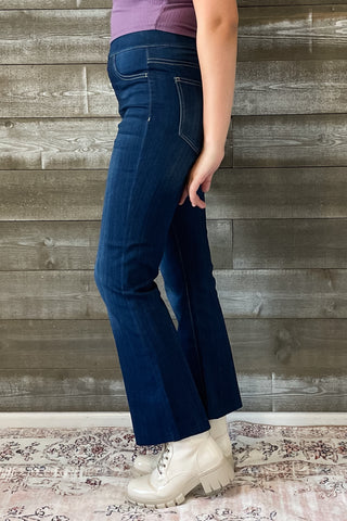 cello high rise pull on elastic waist crop flare jeans dark wash denim AB39360DK