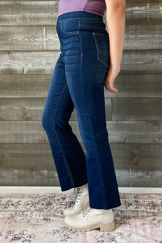 cello high rise pull on elastic waist crop flare jeans dark wash denim AB39360DK