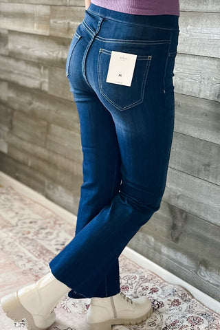 cello high rise pull on elastic waist crop flare jeans dark wash denim AB39360DK