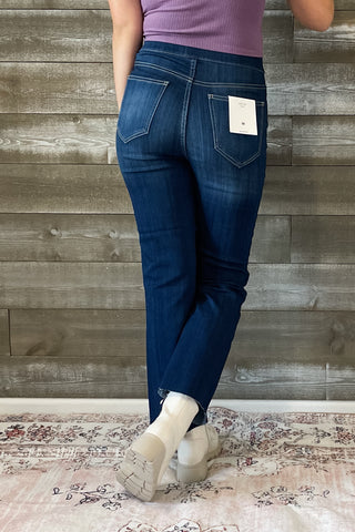 cello high rise pull on elastic waist crop flare jeans dark wash denim AB39360DK