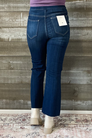 cello high rise pull on elastic waist crop flare jeans dark wash denim AB39360DK