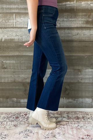 cello high rise pull on elastic waist crop flare jeans dark wash denim AB39360DK