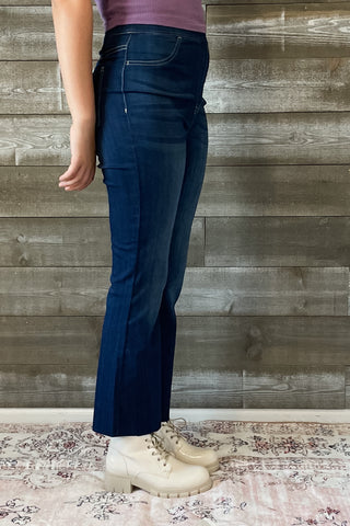 cello high rise pull on elastic waist crop flare jeans dark wash denim AB39360DK