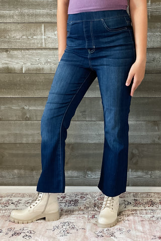 cello high rise pull on elastic waist crop flare jeans dark wash denim AB39360DK