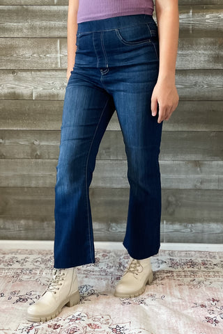 cello high rise pull on elastic waist crop flare jeans dark wash denim AB39360DK