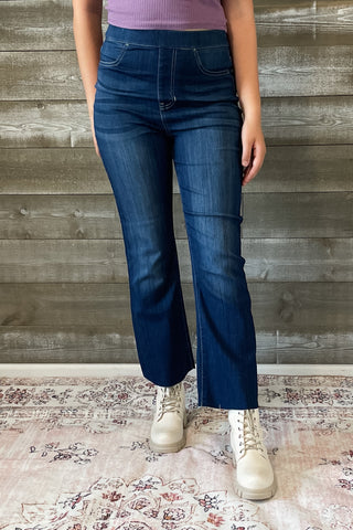 cello high rise pull on elastic waist crop flare jeans dark wash denim AB39360DK