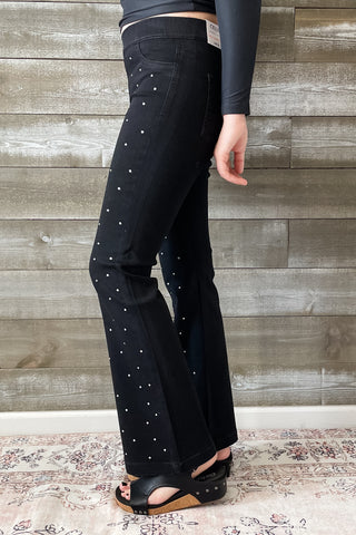 Cello Mid Rise Pull On Flare Jeans Rhinestone Embellishments AB35173blk-30rh1 petite