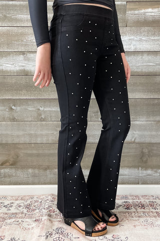 Cello Mid Rise Pull On Flare Jeans Rhinestone Embellishments AB35173blk-30rh1 petite