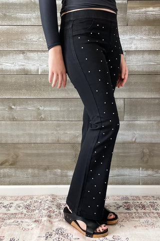 Cello Mid Rise Pull On Flare Jeans Rhinestone Embellishments AB35173blk-30rh1 petite