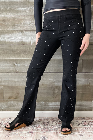 Cello Mid Rise Pull On Flare Jeans Rhinestone Embellishments AB35173blk-30rh1 petite