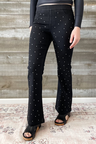 Cello Mid Rise Pull On Flare Jeans Rhinestone Embellishments AB35173blk-30rh1 petite