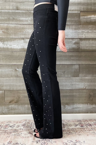 Cello Mid Rise Pull On Flare Jeans Rhinestone Embellishments AB35173blk-rh1