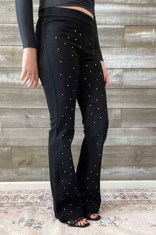 Cello Mid Rise Pull On Flare Jeans Rhinestone Embellishments AB35173blk-rh1