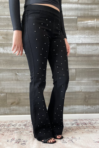 Cello Mid Rise Pull On Flare Jeans Rhinestone Embellishments AB35173blk-rh1