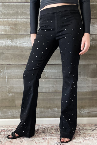 Cello Mid Rise Pull On Flare Jeans Rhinestone Embellishments AB35173blk-rh1